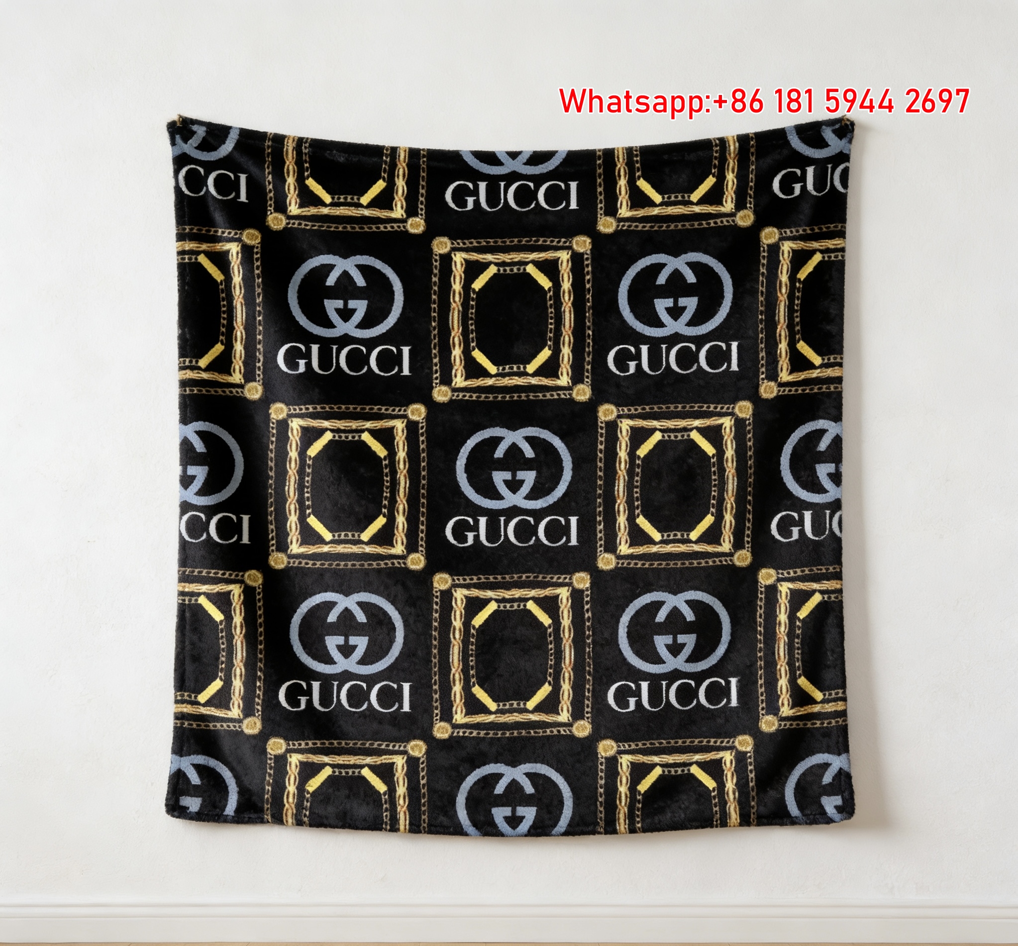 Gucci GG Monogram Gold Chain Flannel Blanket Luxury Black & Gold Wall Decor throw blankets IMG_2600